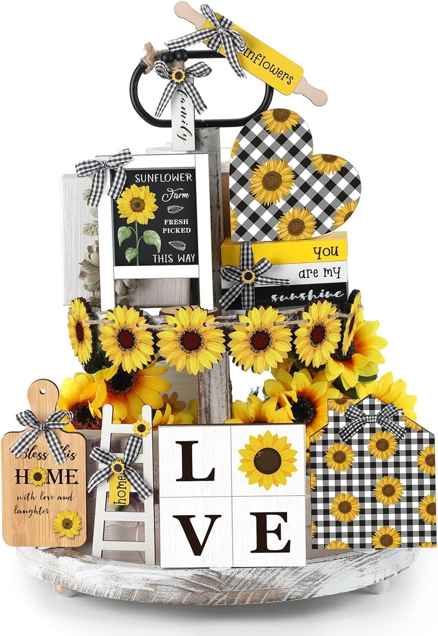 15PCS Sunflower Tiered Tray Decor Set – Wooden Rustic Farmhouse Sunflower Signs & Ornaments for Table, Home & Seasonal Kitchen Decoration